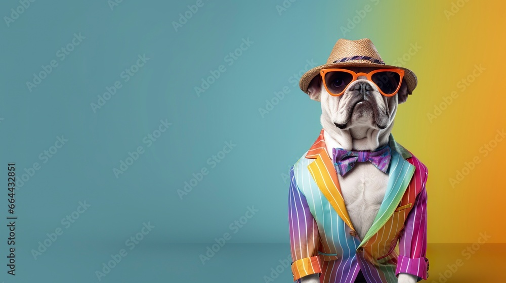 Cool looking bulldog wearing funky fashion dress. space for text right side. Cool looking bulldog wearing funky fashion dress. space for text right side.