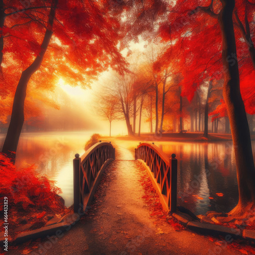 Autumn natural landscape  Lake bridge in autumn forest. romantic view in park with red color tree leaves  autumn celebration  Landscape concept  generative ai