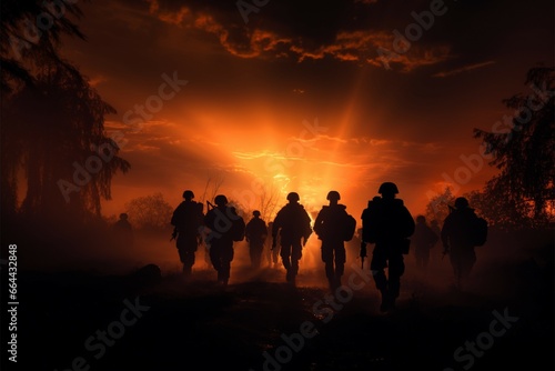 Troop silhouettes emerge within the turbulent theater of military conflict