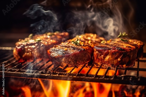 Meat grilling on a charcoal grill with smoke rising..