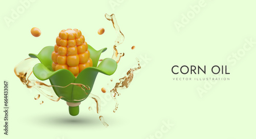 Realistic corn and splash of oil in cartoon style. Poster with green background and place for text. Natural organic corn oil concept. Vector illustration in 3d style