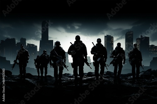 Urban defense armed forces in silhouette, guns at the ready