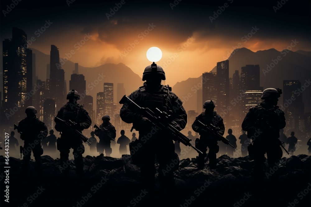 Urban silhouette soldiers bearing arms, protecting the citys safety