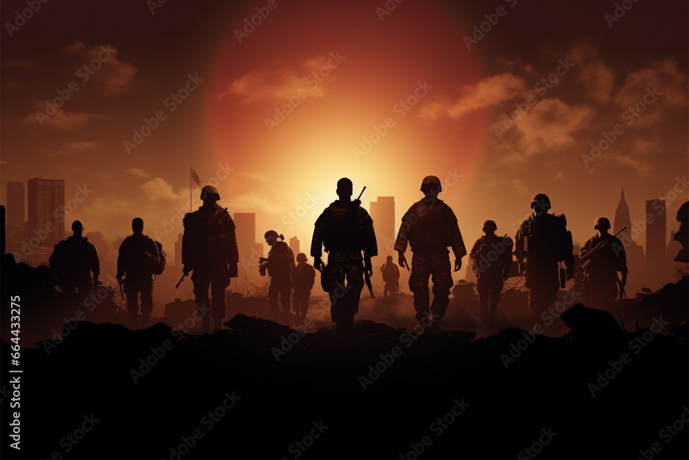 Fototapeta premium Veterans Day Soldiers silhouettes stand tall, flags symbolizing their valor