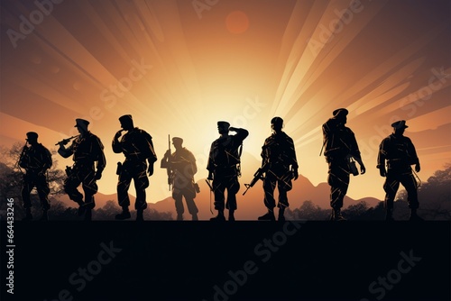 Varied soldier silhouettes pay homage through salute and striking poses