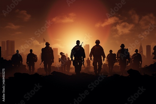 Veterans Day Soldiers silhouettes stand tall, flags symbolizing their valor