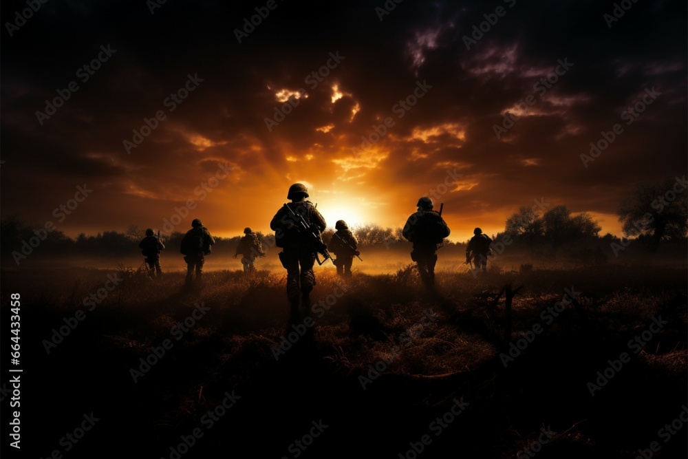 A fields horizon embraces soldiers striking silhouettes at dusk