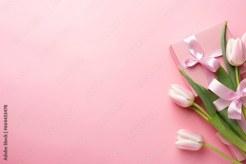 Pink gift box with ribbon bow and bouquet of tulips on isolated pastel pink background. Pink gift box with ribbon bow and bouquet of tulips on isolated pastel pink background.