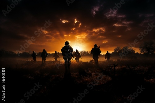 A fields horizon embraces soldiers striking silhouettes at dusk