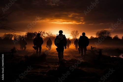 A fields horizon embraces soldiers striking silhouettes at dusk