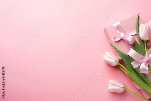 Pink gift box with ribbon bow and bouquet of tulips on isolated pastel pink background. © MDBILLAL