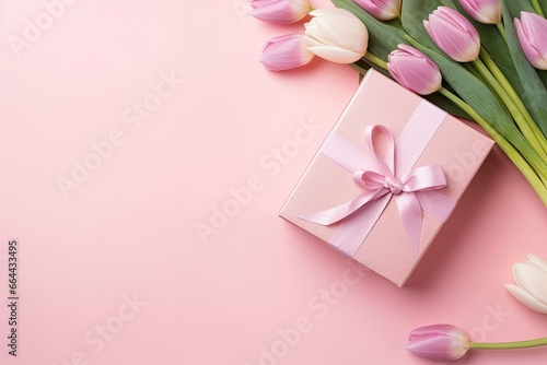 Mother's Day concept. Pink gift box with ribbon bow and a bouquet of tulips. © MDBILLAL