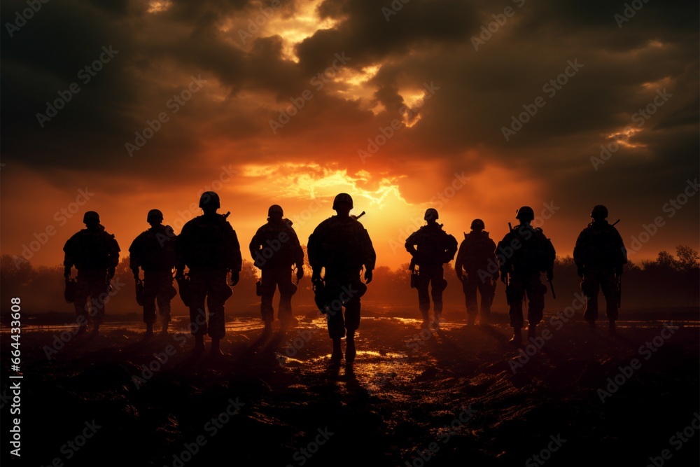 Fototapeta premium A group of troops gathers, silhouetted against the setting sun