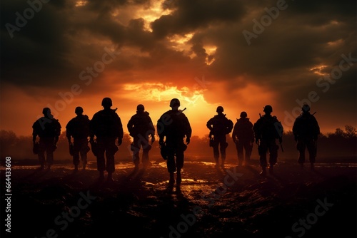 A group of troops gathers, silhouetted against the setting sun © Muhammad Ishaq