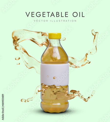 Vegetable oil. Bottle with yellow liquid, realistic splashes around. Fresh ecological product from natural ingredients. Vertical advertising template on green background. Blank label, mockup