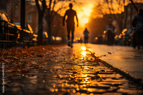 Man jogging down the street in sunset. Low angle shot, unrecognizable person, selective focus