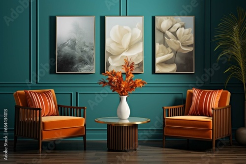 Two arm chairs with round steal table against dark teal wall with three art poster frames. Interior design of modern living room. Created with generative AI photo