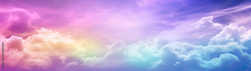 Rainbow sky with fluffy clouds. Multicolored toned sky.