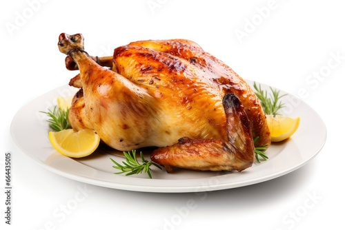 Roasted chicken on isolated white background.