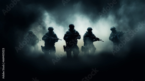 Soldiers with weapons in hands running through billowing smoke screen in tactical capture mission, soldiers silhouettes against dark backdrop embody teamwork courage and valor in face of danger