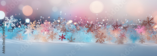 Christmas Winter art Christmas winter bokeh Xmas glitter falling on snow, holiday festive background backdrop photo