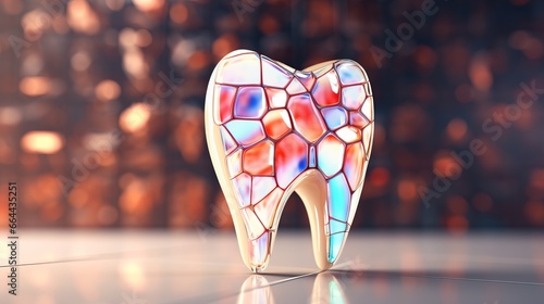 Mosaic tooth model on an abstract background symbolizes importance of preserving tooth enamel through multi layered defense, strengthening and safeguarding tooth enamel, dental care