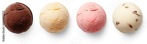 Set of four various ice cream balls or scoops isolated on white background. photo