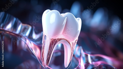 Translucent tooth with visible pulp, vessels and nerves against vibrant abstract backdrop intricate complexity of dental anatomy, maintaining robust tooth roots and vital pulp for oral well being photo