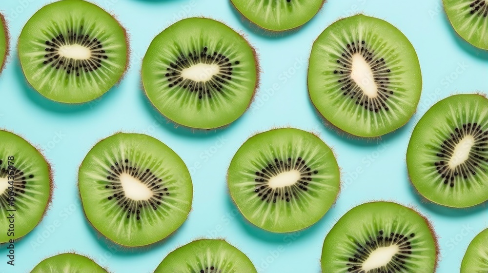 Slices of kiwi fruit and green mint leaves on a light pastel blue background. Slices of kiwi fruit and green mint leaves on a light pastel blue background.