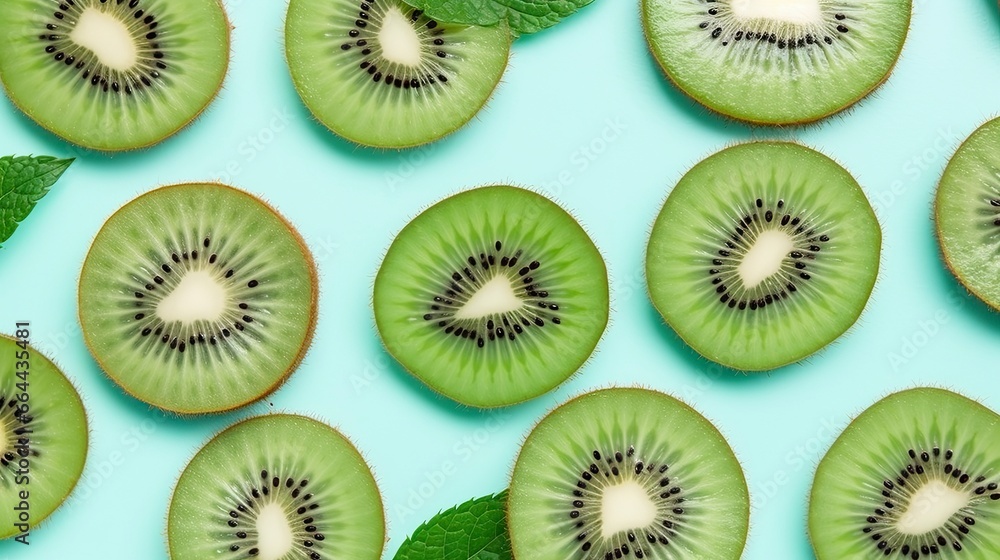 Slices of kiwi fruit and green mint leaves on a light pastel blue background. Slices of kiwi fruit and green mint leaves on a light pastel blue background.