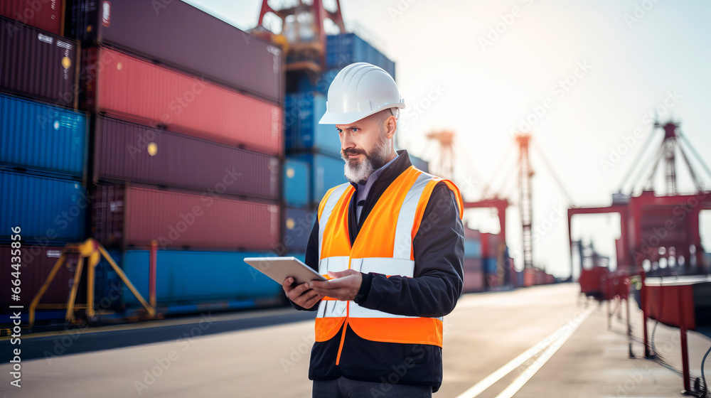 Fototapeta premium Logistics, shipping and construction worker with tablet in shipyard. Transportation engineer on smartphone in delivery, freight and international distribution business in container yard