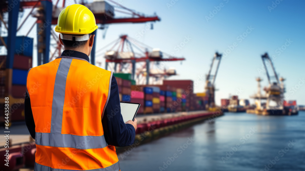 Stevedore, loading master, port captain or supervisor in charge of command working on board the ship in port for safety loading discharging operation - obrazy, fototapety, plakaty 