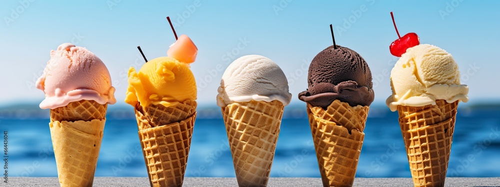 Banner with ice cream in a waffle cone on a summer day.