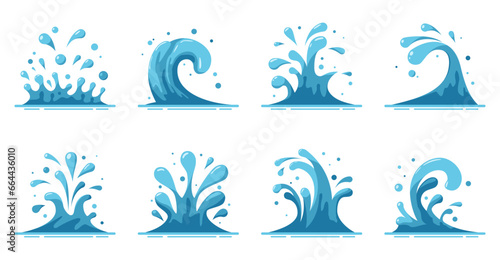 Fototapeta Naklejka Na Ścianę i Meble -  Splashes and sprinkles of water set isolated on white background. Blue water motion effects, flows, streams, spills. Falling aqua drops. Sea or ocean waves and swirl. Vector illustration