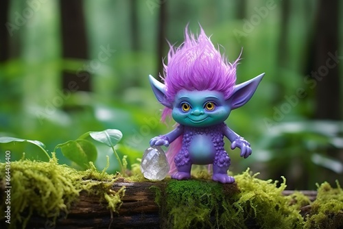 Tale troll with crystals in the forest, natural green background.