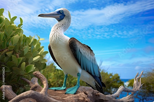 The rare blue-footed booby rests on the beach.