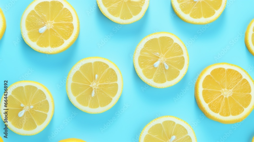modern sunshine Yellow lemon slices are used to create a summer design on a vivid light blue background. Simple summertime idea.