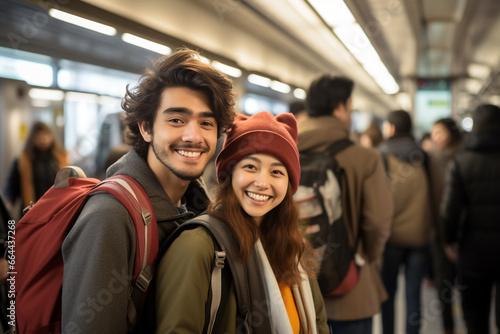 Interracial Backpacking Couple: Asian Woman and Latino Man at Transit Station