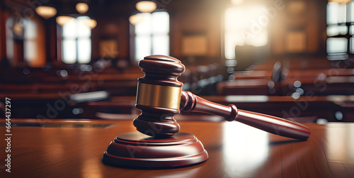 Close-up of gavel on judge desk, symbolizing court trial, justice and legal decisions in courtroom 