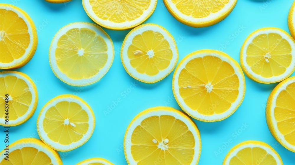modern sunshine Yellow lemon slices are used to create a summer design on a vivid light blue background. Simple summertime idea.