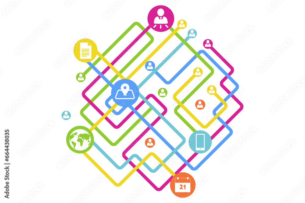 Digital png illustration of colourful network of connections on transparent background