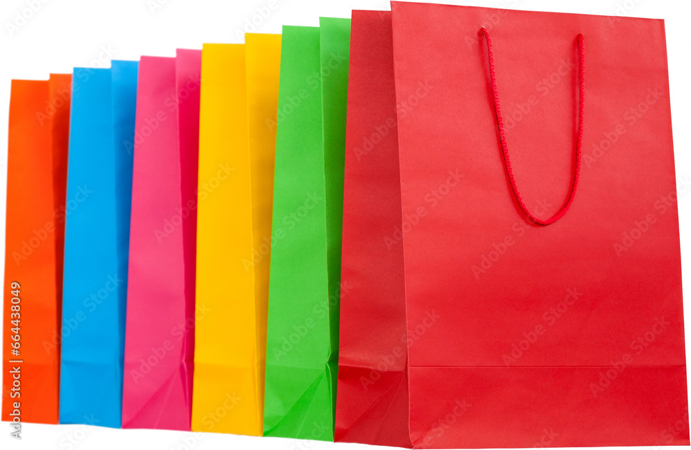 Digital png illustration of colourful presents bags on transparent background