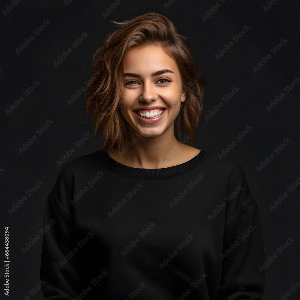 smiling woman in black mockup sweater , standing in black studio background ai generated art smiling woman in black mockup sweater , standing in black studio background ai generated art