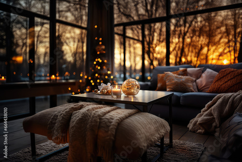 Merry Christmas holidays time concept. Living room filled with bright colored balls and various decorations