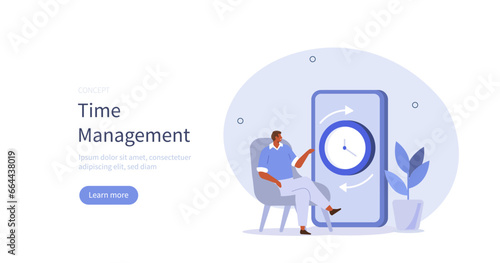 Working hours. Man organizing work, rest time, deadline. Time management, productivity, organization concept. Vector illustration.