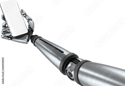 Digital png illustration of robotic arm with smartphone on transparent background