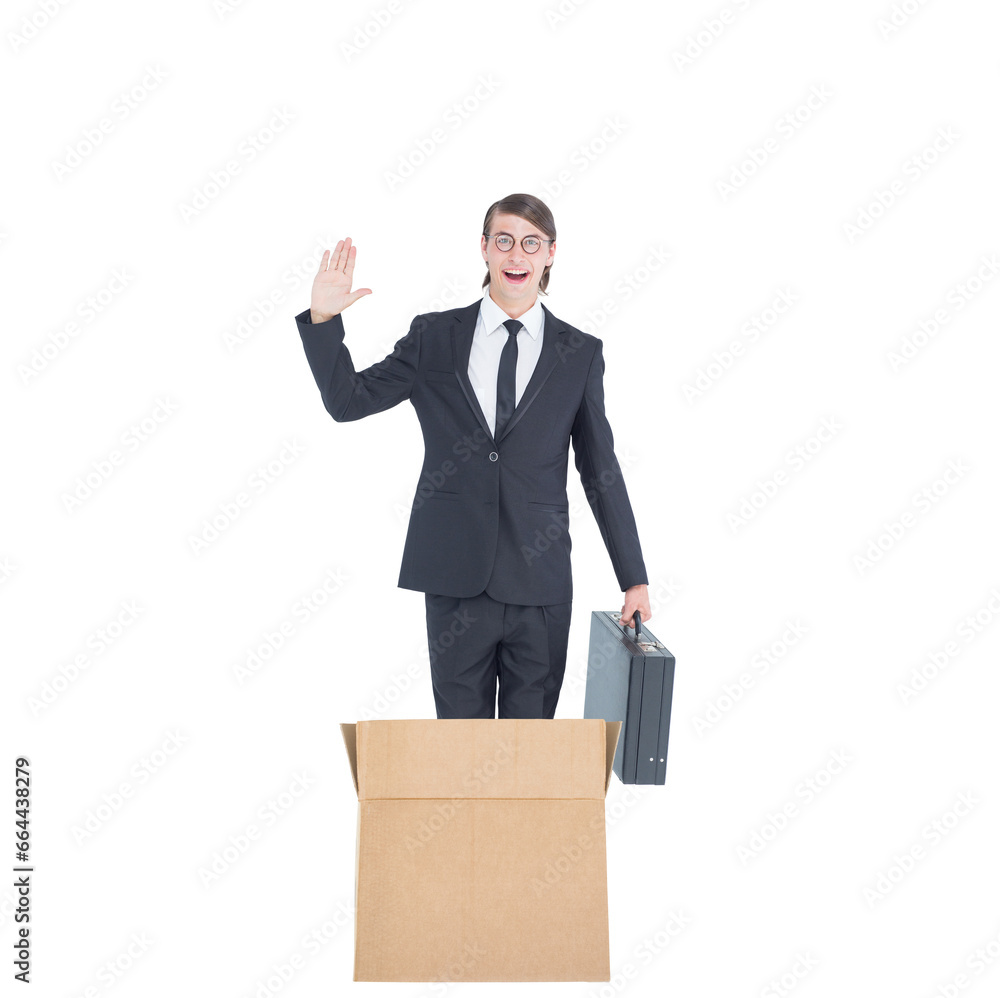 Digital png photo of happy caucasian businessman with briefcase in box on transparent background Digital png photo of happy caucasian businessman with briefcase in box on transparent background
