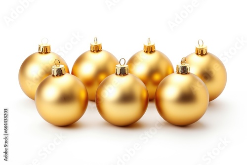 Gold Christmas Balls on White Background. Festive Decorative Ornaments for Celebrating Christmas