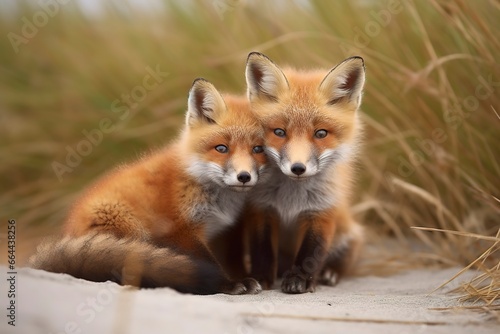 Wild baby red foxes cuddling at the beach. © MDBILLAL