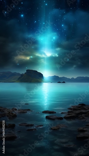 Fantasy night landscape with starry sky and sea. 3d rendering